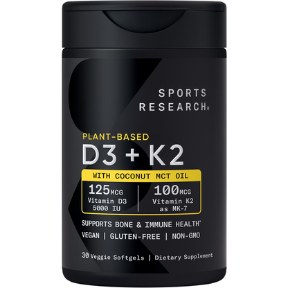 Sports Research® Vitamin D3 + K2 with 10,000Iu of Plant-Based D3 & 100Mcg of Vitamin K2 as MK-7 | Non-Gmo Verified & Vegan Certified 60Ct