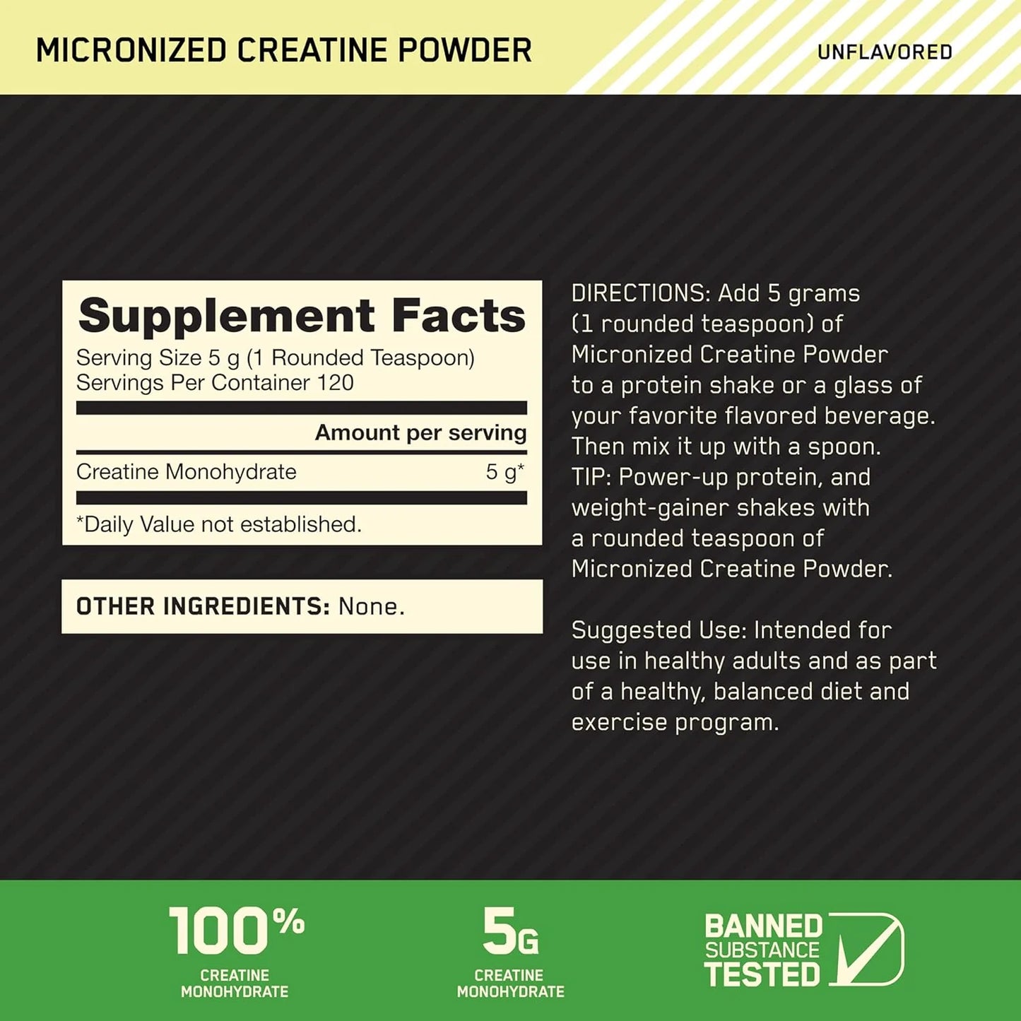 Optimum Nutrition Micronized Creatine Monohydrate Powder, Unflavored, 60 Servings, 300 Grams